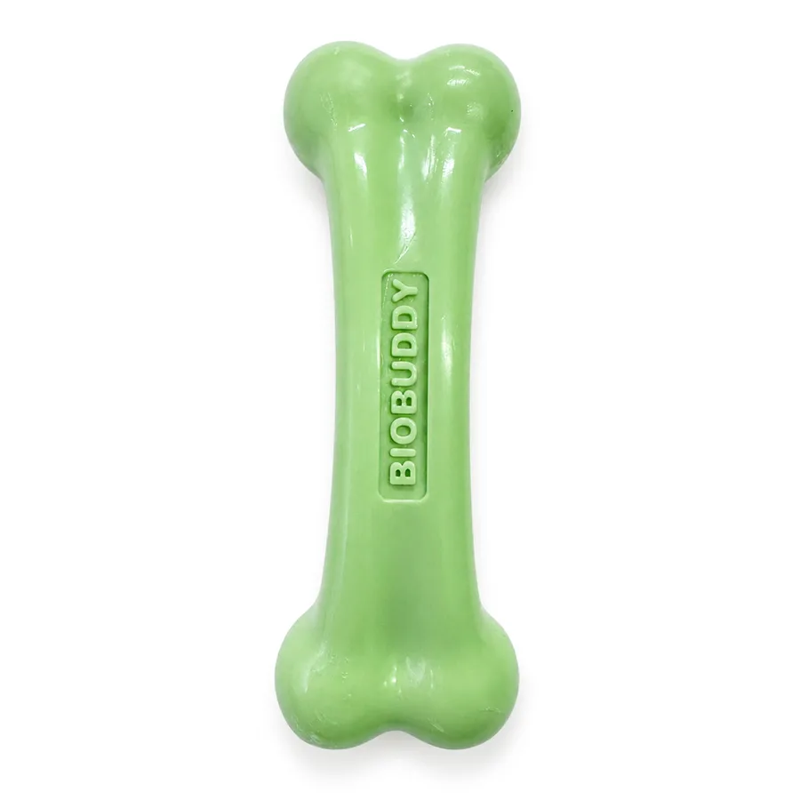 Mordedor BIOBUDDY Osso verde visto de frente, com a marca em relevo no corpo